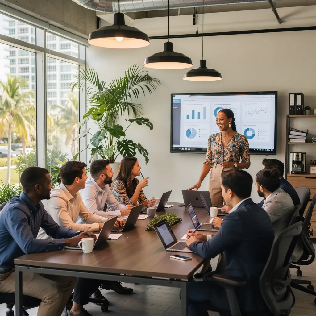 Uśmiechnięty doradca ubezpieczeniowy rozmawiający z klientem o polisie.